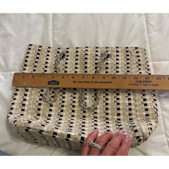 Talbots Woven Sequin-Accented Handbag Chain Straps Beige Black Elegant Tote Bag - Picture 5 of 11
